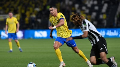 Nassr's Portuguese forward Cristiano Ronaldo vies for the ball with Shabab's Saudi defender Fawaz Al Sagour. AFP