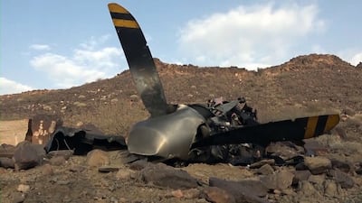 Wreckage of a US Reaper drone shot down by the Houthi rebels over northern Yemen in April. EPA