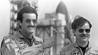 Prince Sultan, left, blasted off on June 17, 1985. Phil Sandlin / AP Photo