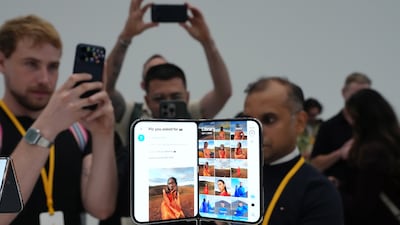 The iPhone Duo foldable smartphone during a product unveiling event at Apple Park in Cupertino, California, US, on Wednesday, Sept. 9, 2026. Apple Inc. unveiled the company's first foldable smartphone during a wide-ranging event Wednesday, betting that a new category can energize growth for its biggest-selling lineup. Photographer: David Paul Morris / Bloomberg