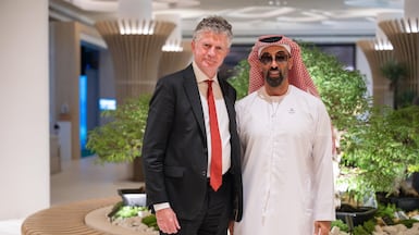 Sheikh Tahnoon bin Zayed with UK National Security Adviser Jonathan Powell in Abu Dhabi. X / Sheikh Tahnoon bin Zayed