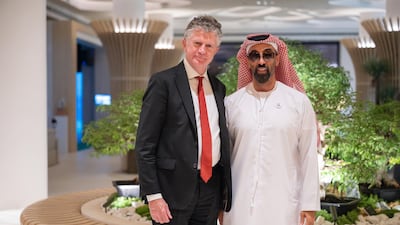 Sheikh Tahnoon bin Zayed with UK National Security Adviser Jonathan Powell in Abu Dhabi. X / Sheikh Tahnoon bin Zayed