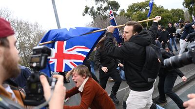 Protesters scuffle with opponents during an anti-immigration rally in Melbourne, Australia. EPA