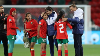 France's coaching staff including head coach Herve Renard (R) console Morocco players after the FIFA Women's World Cup 2023 round of 16 soccer match between France and Morocco at Hindmarsh Stadium in Adelaide, Australia, August 8 EPA