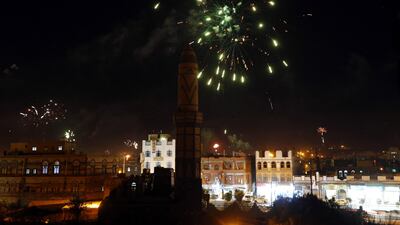 Houthis set off fireworks to celebrate the announcement of a new transitional council in Sanaa on February 6, 2015 as the Shiite rebels dissolved parliament and took over control in the country. Yahya Arhab/EPA