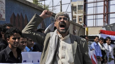 Yemeni activists shout slogans during a rally against the control by Shiite Houthi fighters of the country’s main cities, in Sanaa, Yemen November 1. EPA