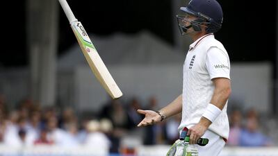 England’s Ian Bell throws his bat as he leaves the pitch after being bowled by Matt Henry. Kirsty Wigglesworth / AP Photo / May 21, 2015