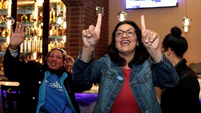 Tlaib celebrates with family and friends at her midterm election night party. Reuters