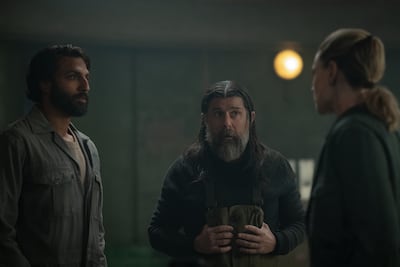 From left, Avi Nash, Rick Gomez and Rebecca Ferguson in Silo season three. Photo: Apple TV