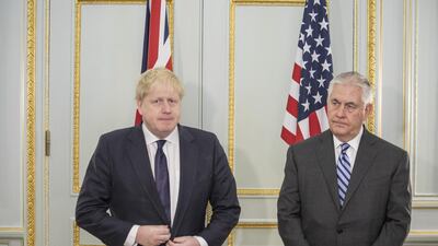 British Foreign Secretary Boris Johnson and his US counterpart Rex Tillerson met in London to discuss issues including Iran and Syria. (Photo by Jack Hill - WPA Pool / Getty Images)