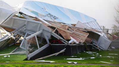 The remains of an ice skating rink destroyed by strong winds in Blanchardstown, Dublin, Ireland, as Storm Eowyn hit. AP