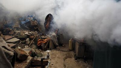 A woman covers her face as a municipal worker fumigates a residential colony in the old quarters of Delhi. Anindito Mukherjee / Reuters