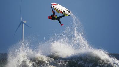 A jet skier pictured jumping the waves off the coast at Blyth in Northumberland on Thursday. PA