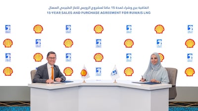 Fatema Al Nuaimi, chief executive of Adnoc Gas, and Tom Summers, executive vice president of Shell LNG Marketing and Trading, signing the agreement at Adipec on Tuesday. Photo: Adnoc Gas