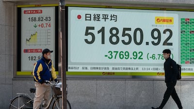 A monitor displays the Nikkei 225 Stock Average, which fell as much as 7 per cent on Monday. Getty Images