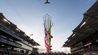 Etihad Airways and Al Fursan flyover during the Abu Dhabi Formula One Grand Prix at Yas Marina Circuit in 2017. Christopher Pike / The National Reporter