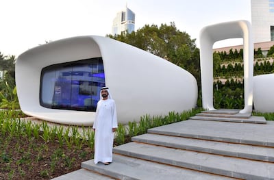 Sheikh Mohammed bin Rashid, Vice President and Ruler of Dubai, outside the 3D-printed Office of the Future. Wam