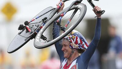 Kristin Armstrong (USA) of USA celebrates after winning. REUTERS/Matthew Childs