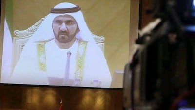Sheikh Mohammed bin Rashid, Vice President of the UAE and Ruler of Dubai addresses the Federal National Council at the start of it's first session. (Sammy Dallal / The National)
