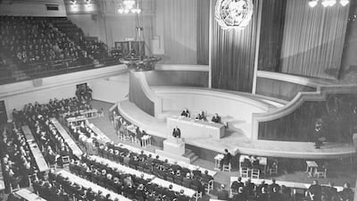 Former British prime minister Clement Attlee addresses the first session of the UN General Assembly in the Methodist Central Hall, London, on January 10, 1946. Getty Images
