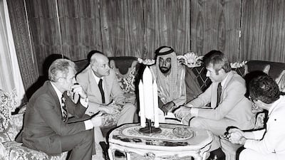The Founding President, Sheikh Zayed, meets the crew of Apollo 17 - Eugene Cernan, Ronald Evans, Harrison Schmitt - in Abu Dhabi, 1976. On far right is Nasa scientist Dr Farouk Al Baz. Courtesy Itihad/WAM