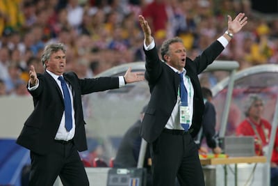 Australia boss Guus Hiddink, left, and assistant Graham Arnold appeal during the World Cup 2006 match against Croatia in Berlin. Getty Images