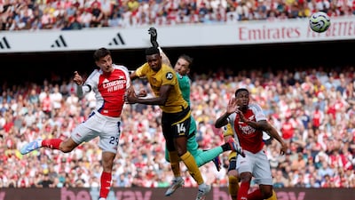 Kai Havertz heads home Arsenal's first goal in their 2-0 Premier League win over Wolves at the Emirates Stadium on August 17, 2024. Getty Images