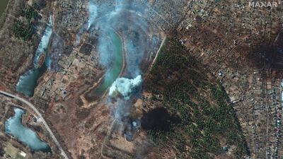 A satellite image shows artillery strikes and burning fields in Chernihiv. AP / Maxar Technologies