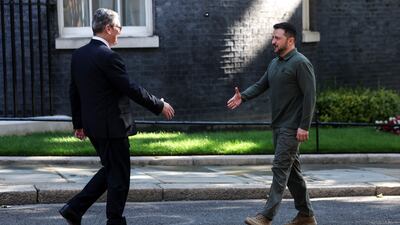 British Prime Minister Keir Starmer, left welcomes Ukrainian President Volodymyr Zelenskyy to 10 Downing Street in London on Friday. Mr Zelenskyy arrived in the UK on a mission to ensure that Britain remains its loudest supporter. EPA