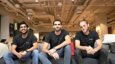 (From left to right) Ashiq Korikkar, head of growth, Faisal Toukan, co-founder and chief executive, and Andrew Gold, co-founder and head of engineering, are the brains behind peer-to-peer payments app Ziina. Antonie Robertson / The National