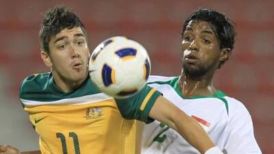 Jasim Faisal, right, picked up his second yellow card of the campaign against Australia, but played the following week against the UAE.