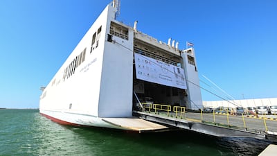 The Khalifa aid ship reached Al Arish in Egypt on Tuesday, loaded with food, medical supplies and material for shelter. Photo: Wam