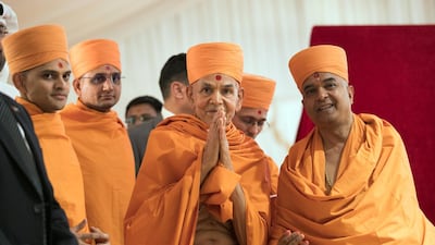 His Holiness Mahant Swami Maharaj, the spiritual leader of BAPS Swaminarayan Sanstha. The UAE's first traditional Hindu temple is set to welcome worshippers from 2022 Reem Mohammed / The National
