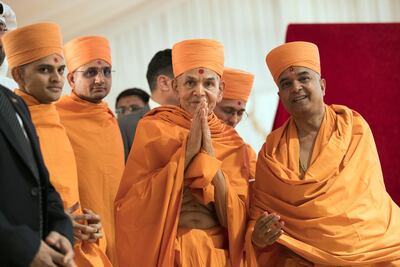 His Holiness Mahant Swami Maharaj, the spiritual leader of BAPS Swaminarayan Sanstha. The UAE's first traditional Hindu temple is set to welcome worshippers from 2022 Reem Mohammed / The National