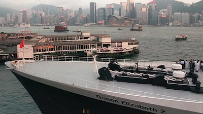The ship leaving Hong Kong for England in March 1997, carrying retiring expatriate civil servants, their dependants and another 400 new passengers on her last sailing from the territory under British rule. AFP