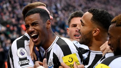 Newcastle United's Alexander Isak celebrates with teammates after scoring the only goal of the Premier League match against Fulham at St James' Park on January 15, 2023. Getty