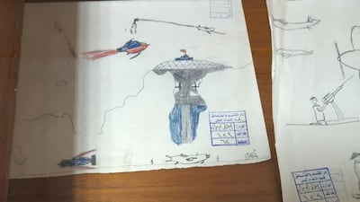 Some of the sketches on display at the Iraqi National Library and Archives. Sinan Mahmoud / The National