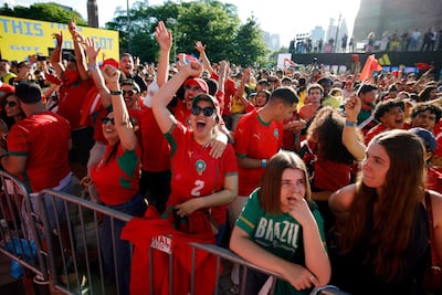 Morocco fans celebrate after their team scored a goal during a watch party for the 2026 World Cup in Brooklyn. AFP