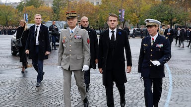 French President Emmanuel Macron, centre, with Chief of Defence Staff Fabien Mandon, right, and his predecessor Thierry Burkhard in November last year. AFP