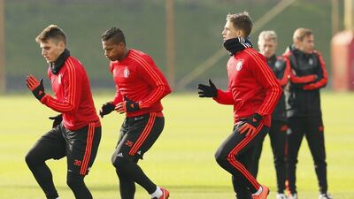 Football Soccer - Manchester United Training - Manchester United Training Ground, Manchester, England - 24/2/16Manchester United's Guillermo Varela, Antonio Valencia and Adnan Januzaj during trainingAction Images via Reuters / Jason CairnduffLivepicEDITORIAL USE ONLY.