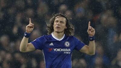 Chelsea's David Luiz celebrates scoring against Liverpool. Phil Noble / Reuters