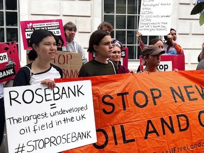 Protesters demonstrate outside the Department for Energy and Net Zero against development of the Rosebank oil field. Reuters