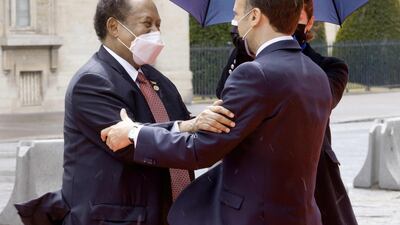 French President Emmanuel Macron welcomes Sudan's Prime Minister Abdalla Hamdok prior to an international conference on Sudan which aims to provide financing breathing room for its Prime Minister as he pursues economic reforms in Paris. AFP