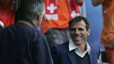 Gianfranco Zola enjoys a joke during the Italy v Holland game at the Wankdorf Stadium in Switzerland during Euro 2008.