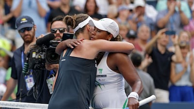 Barbora Krejcikova embraces Taylor Townsend at the end of their marathon fourth-round match at the US Open. Reuters
