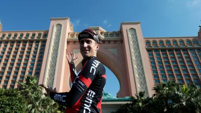 Taylor Phinney, of BMC Racing Team, poses for photos after the second stage of the Dubai Tour cycling race.