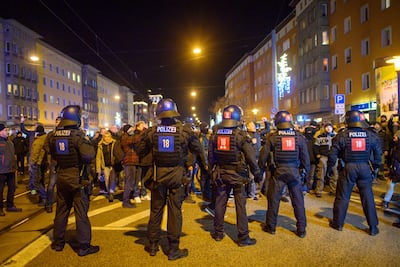 Police face off against protesters during a demonstration against Covid measures in Magdeburg. AP