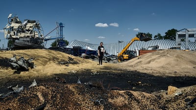 A farm storage building destroyed during a Russian attack in Odesa region, Ukraine, on Friday, July 21, 2023. AP