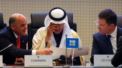 The new logo represents the kingdom’s leading role in the stability of the global oil markets. Saudi energy minister Prince Abdulaziz bin Salman flanked by former Venezuelan oil minister Manuel Quevedo, left, and Russian deputy prime minister Alexander Novak at Opec's annual meeting in Vienna in December. REUTERS