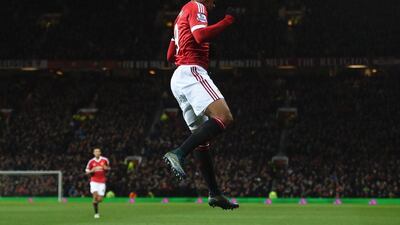 Manchester United’s Anthony Martial celebrates his goal against Stoke on Tuesday in his team’s Premier Legaue win. Paul Ellis / AFP